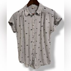 Jane and Delancey Striped Dog Print Button Front Blouse Short Sleeve